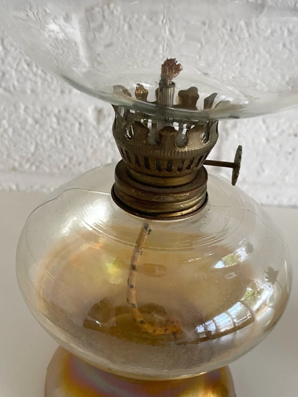 Pair of Vintage Iridescent Glass Oil Hurricane Lamps